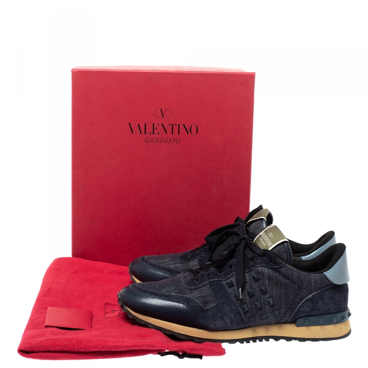 Pre Owned Valentino Blue Denim, Leather and Suede Rockrunner Stud Sneakers Size 42