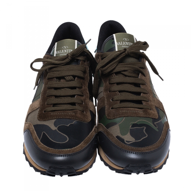 Pre Owned Valentino Military Green Fabric and Leather Camouflage Rockrunner Trainer Sneakers Size 44