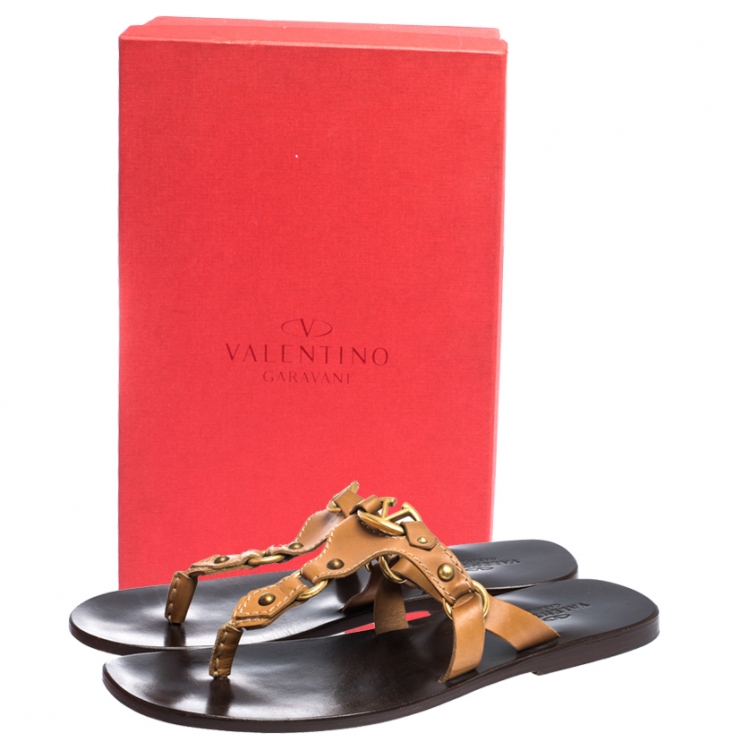 Pre Owned Valentino Tan Leather V Logo Flat Thong Sandals Size 44