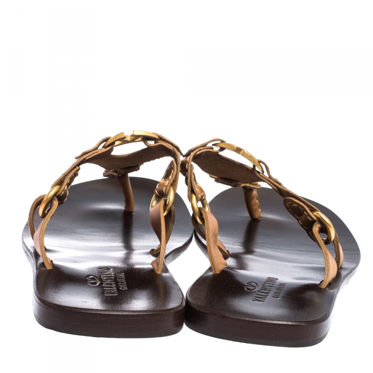 Pre Owned Valentino Tan Leather V Logo Flat Thong Sandals Size 44