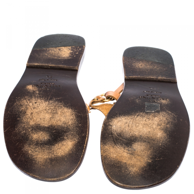 Pre Owned Valentino Tan Leather V Logo Flat Thong Sandals Size 44
