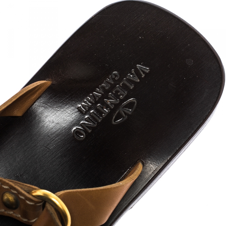 Pre Owned Valentino Tan Leather V Logo Flat Thong Sandals Size 44