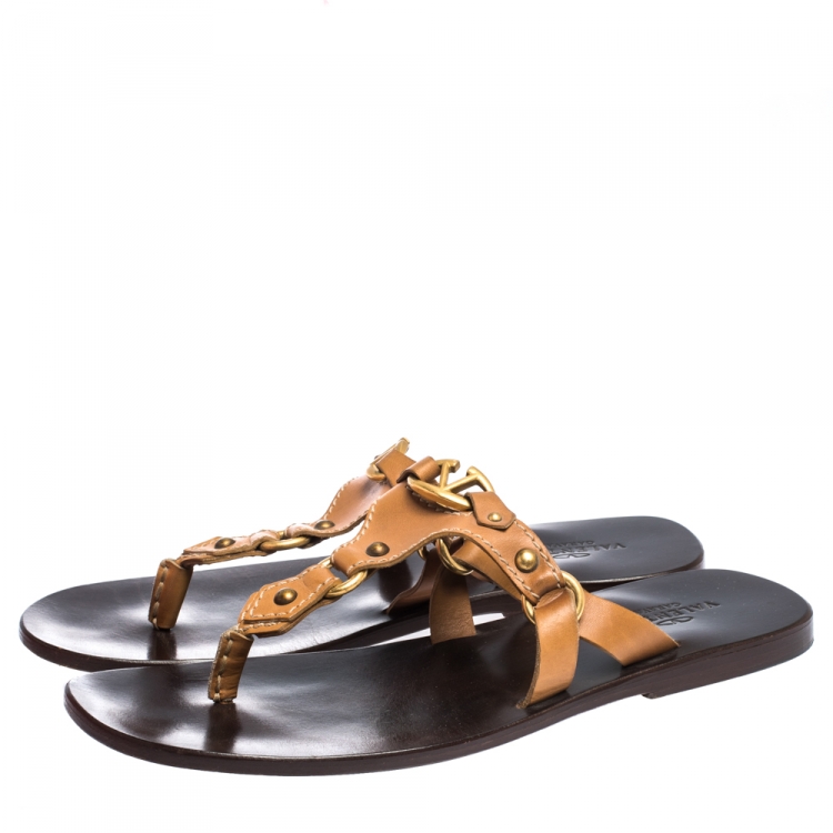 Pre Owned Valentino Tan Leather V Logo Flat Thong Sandals Size 44