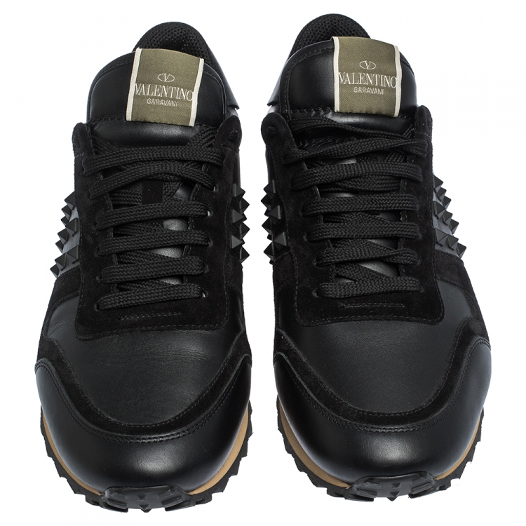 Pre Owned Valentino Black Leather and Suede Rockrunner Sneakers Size 42.5