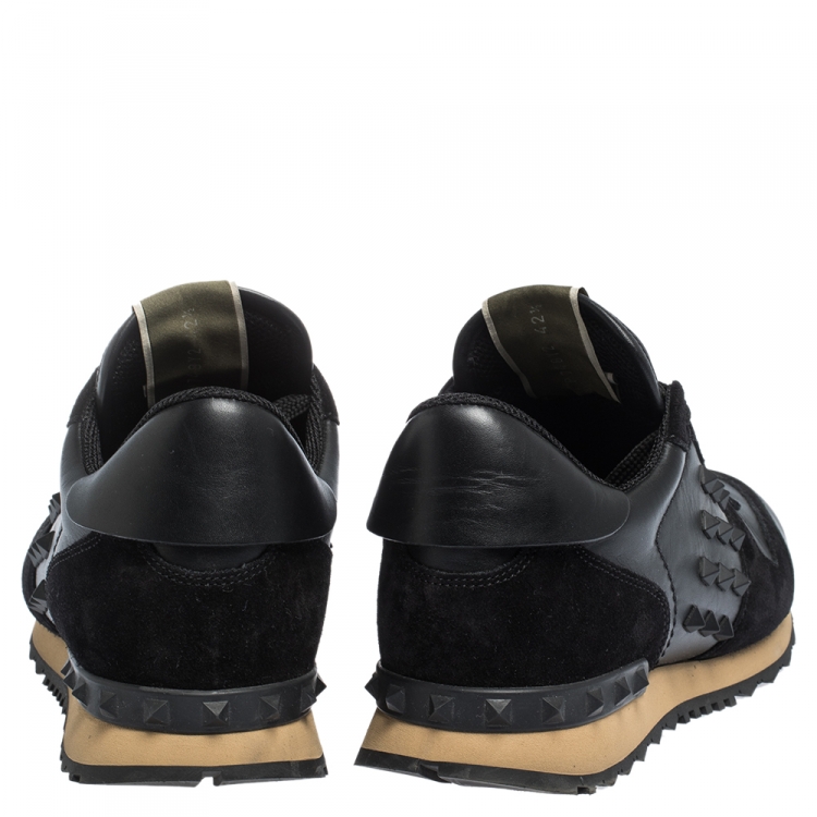 Pre Owned Valentino Black Leather and Suede Rockrunner Sneakers Size 42.5