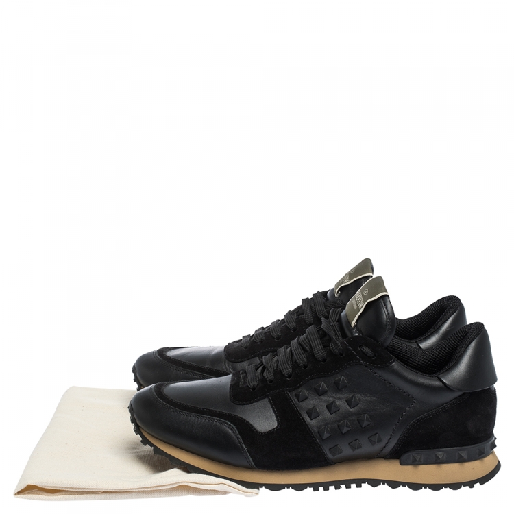 Pre Owned Valentino Black Leather and Suede Rockrunner Sneakers Size 42.5