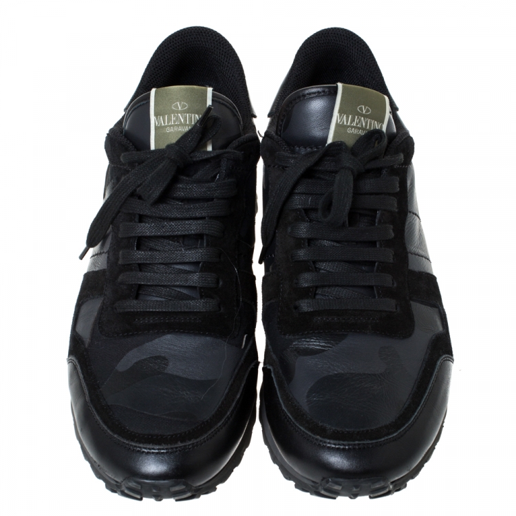 Pre Owned Valentino Black Camouflage Leather and Suede Rockrunner Sneakers Size 43