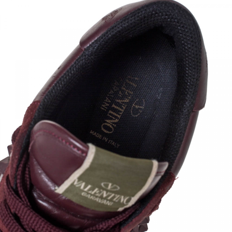 Pre Owned Valentino Burgundy Leather and Suede Rockstud Sneakers Size 42