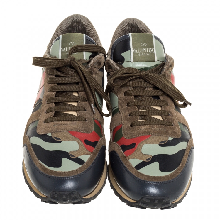Pre Owned Valentino Multicolor Leather And Canvas Camouflage Rockstud Low Top Sneakers Size 44