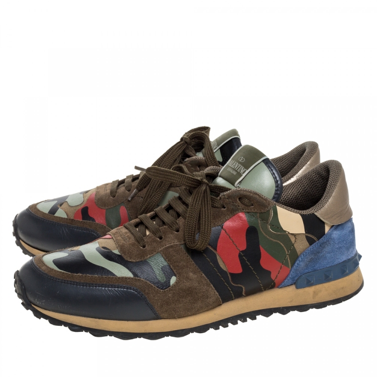 Pre Owned Valentino Multicolor Leather And Canvas Camouflage Rockstud Low Top Sneakers Size 44