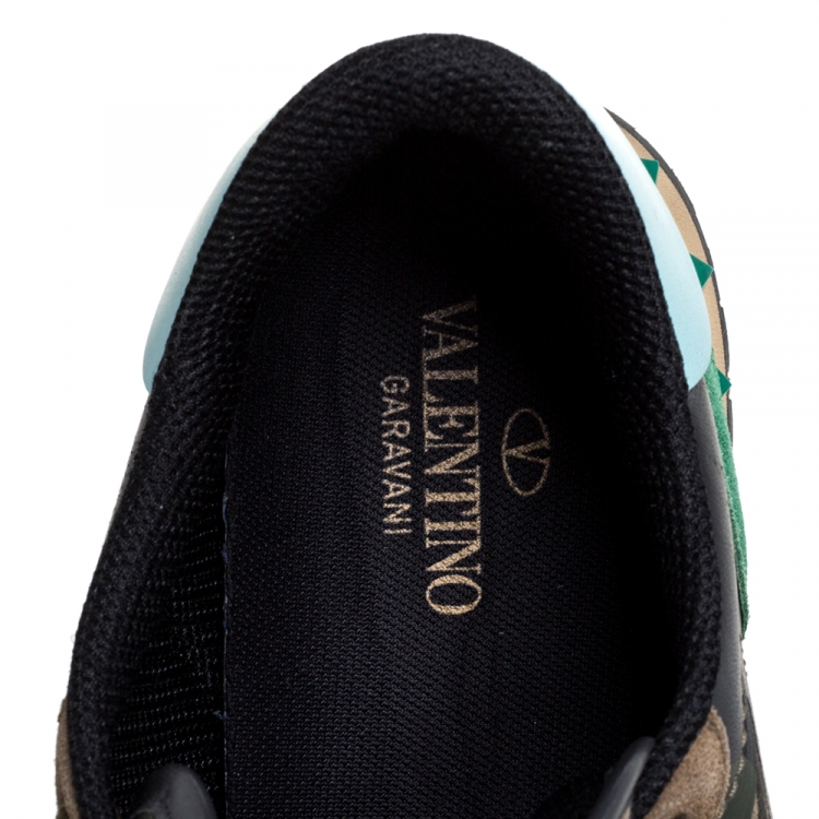 Pre Owned Valentino Green Camouflage Canvas And Suede Leather Rockrunner Low Top Sneakers Size 43.5