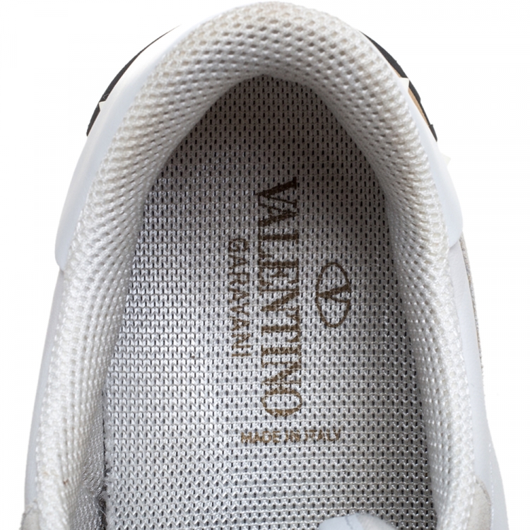 Pre Owned Valentino White Camouflage Canvas And Suede Leather Rockrunner Low Top Sneakers Size 43.5
