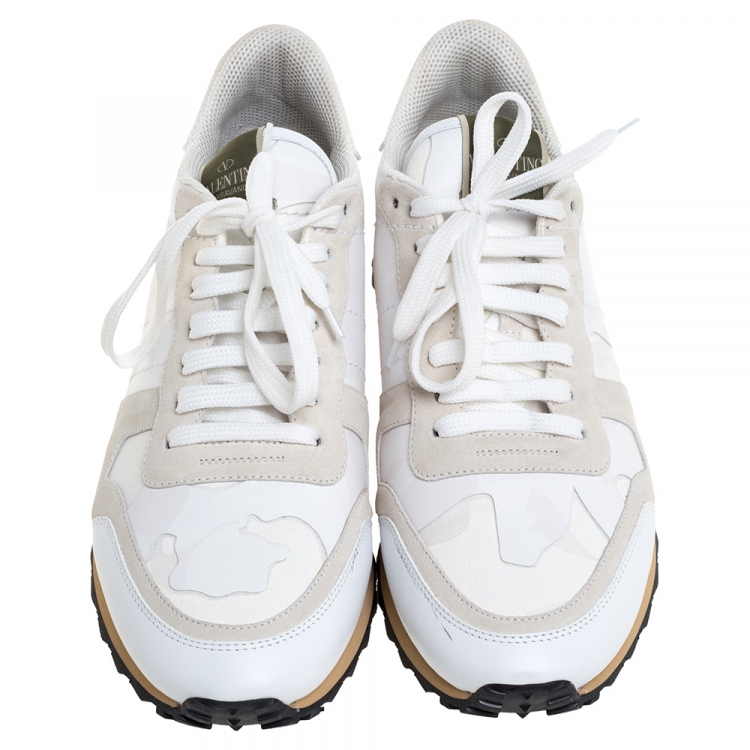 Pre Owned Valentino White Camouflage Canvas And Suede Leather Rockrunner Low Top Sneakers Size 43.5