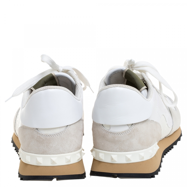 Pre Owned Valentino White Camouflage Canvas And Suede Leather Rockrunner Low Top Sneakers Size 43.5