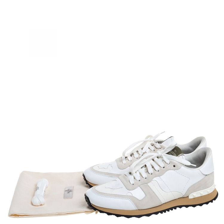 Pre Owned Valentino White Camouflage Canvas And Suede Leather Rockrunner Low Top Sneakers Size 43.5