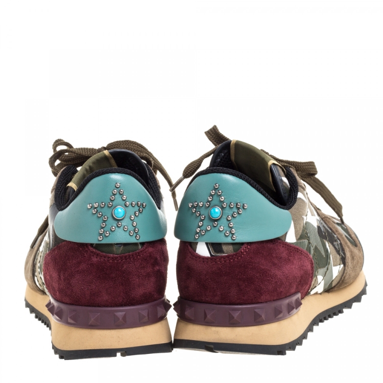 Pre Owned Valentino Multicolor Leather/Suede and Canvas Camouflage Rockstud Star Low Top Sneakers Size 40.5