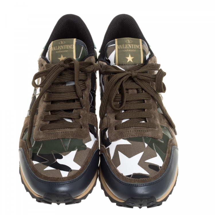 Pre Owned Valentino Multicolor Leather/Suede and Canvas Camouflage Rockstud Star Low Top Sneakers Size 40.5