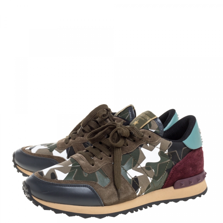 Pre Owned Valentino Multicolor Leather/Suede and Canvas Camouflage Rockstud Star Low Top Sneakers Size 40.5