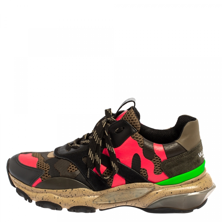 Pre Owned Valentino Multicolor Mesh And Leather Camouflage Bounce Low Top Sneakers Size 41
