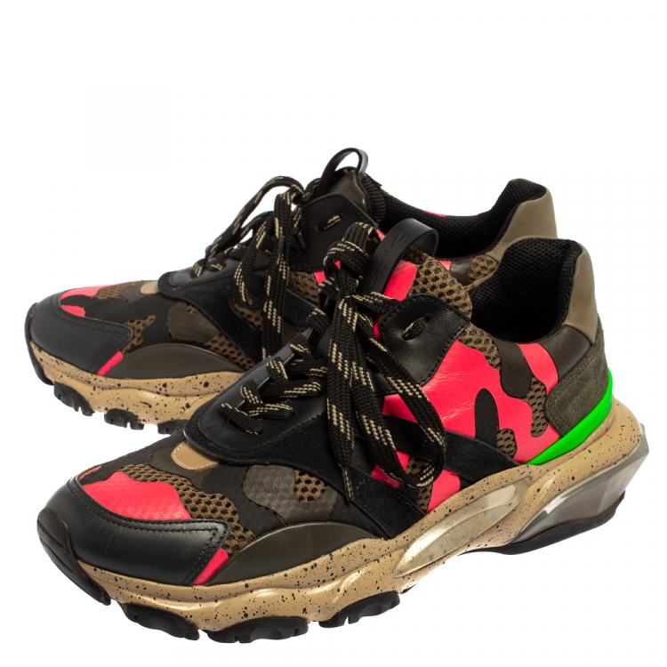 Pre Owned Valentino Multicolor Mesh And Leather Camouflage Bounce Low Top Sneakers Size 41