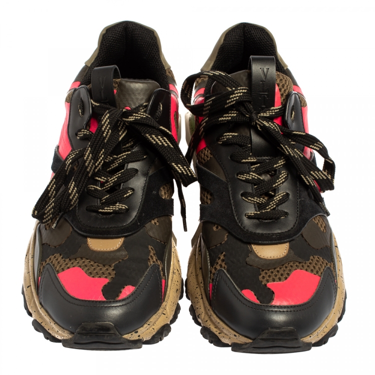 Pre Owned Valentino Multicolor Mesh And Leather Camouflage Bounce Low Top Sneakers Size 41