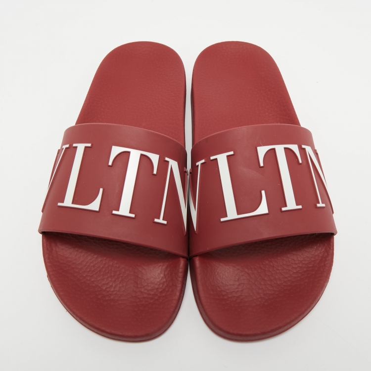 Pre Owned Valentino Red Rubber VLTN Slide Sandals Size 41