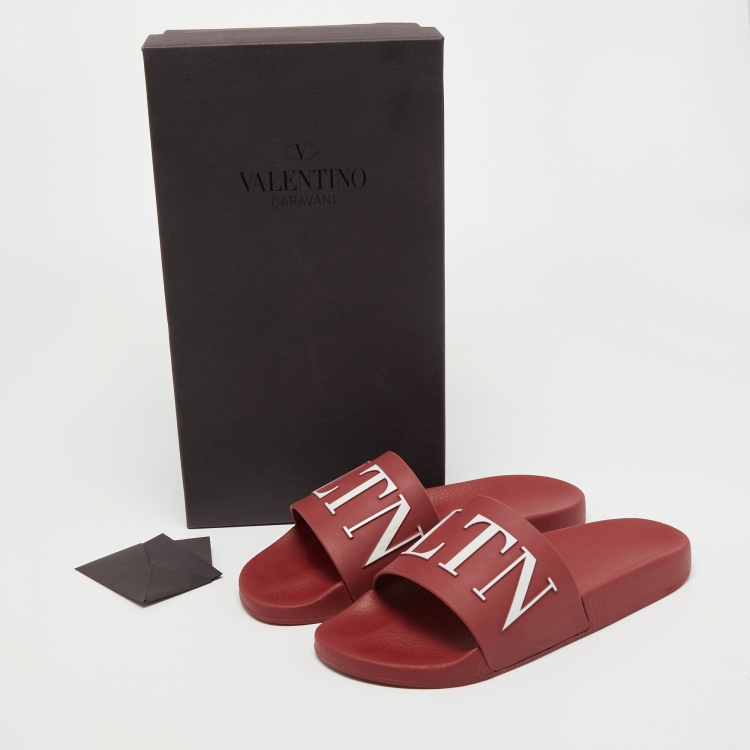 Pre Owned Valentino Red Rubber VLTN Slide Sandals Size 41