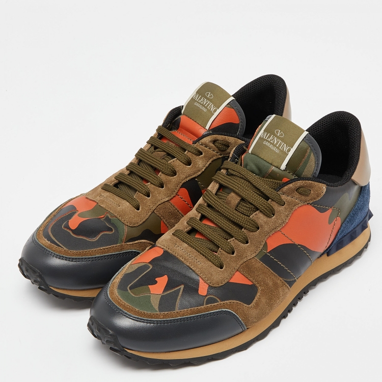 Pre Owned Valentino Multicolor Camouflage Print Canvas, Leather and Suede Rockrunner Low-Top Sneakers Size 42