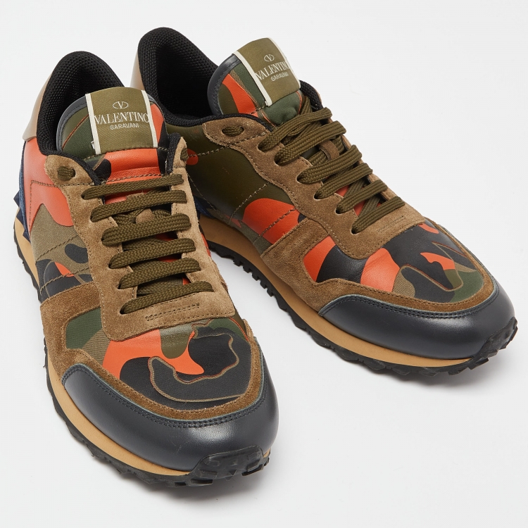 Pre Owned Valentino Multicolor Camouflage Print Canvas, Leather and Suede Rockrunner Low-Top Sneakers Size 42