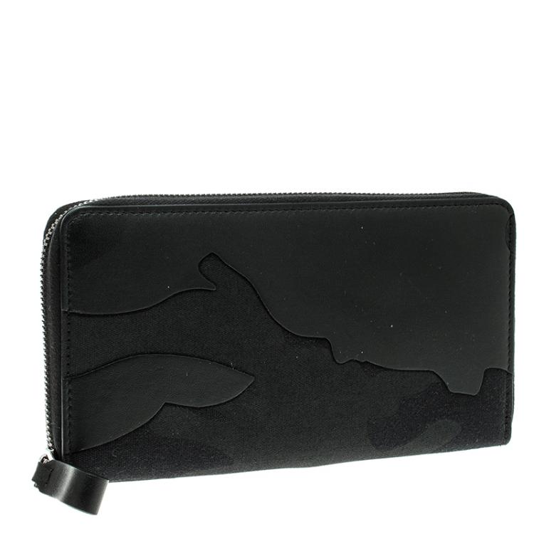 Pre Owned Valentino Black Camouflage Leather Noir Zip Around Wallet
