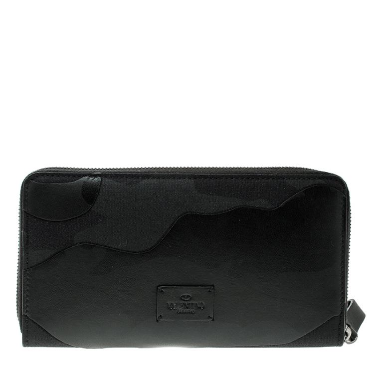 Pre Owned Valentino Black Camouflage Leather Noir Zip Around Wallet