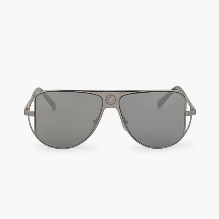 Pre Owned Versace Grey Logo Aviator Sunglasses
