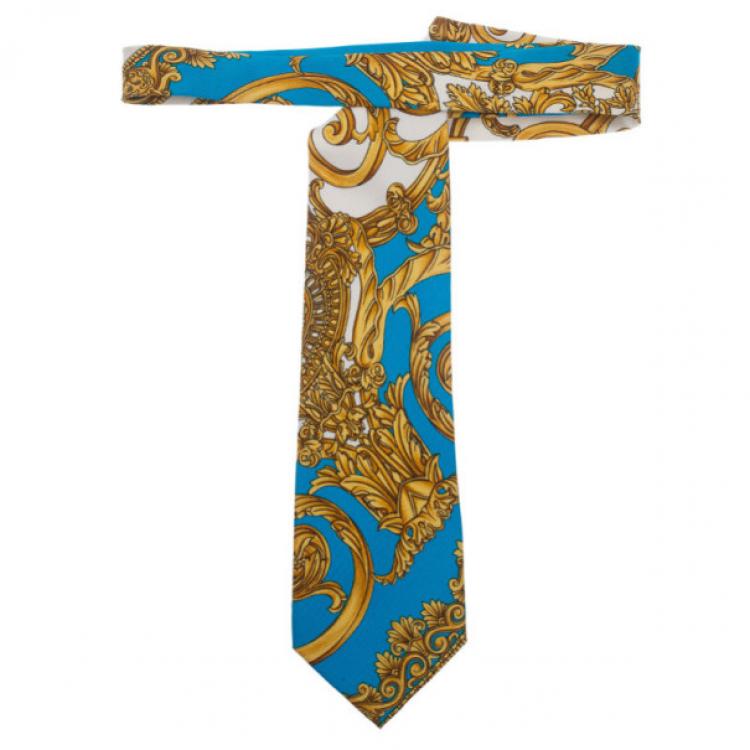 Pre Owned Gianni Versace Turquoise and Gold Silk Tie