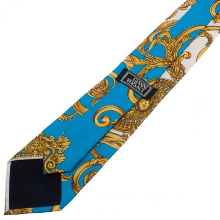 Pre Owned Gianni Versace Turquoise and Gold Silk Tie