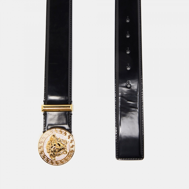 Pre Owned Versace Black Leather Patent Medussa Head Buckle Belt 115CM