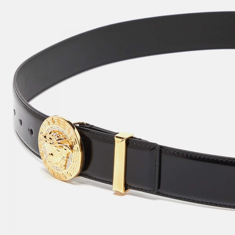 Pre Owned Versace Black Leather Patent Medussa Head Buckle Belt 115CM