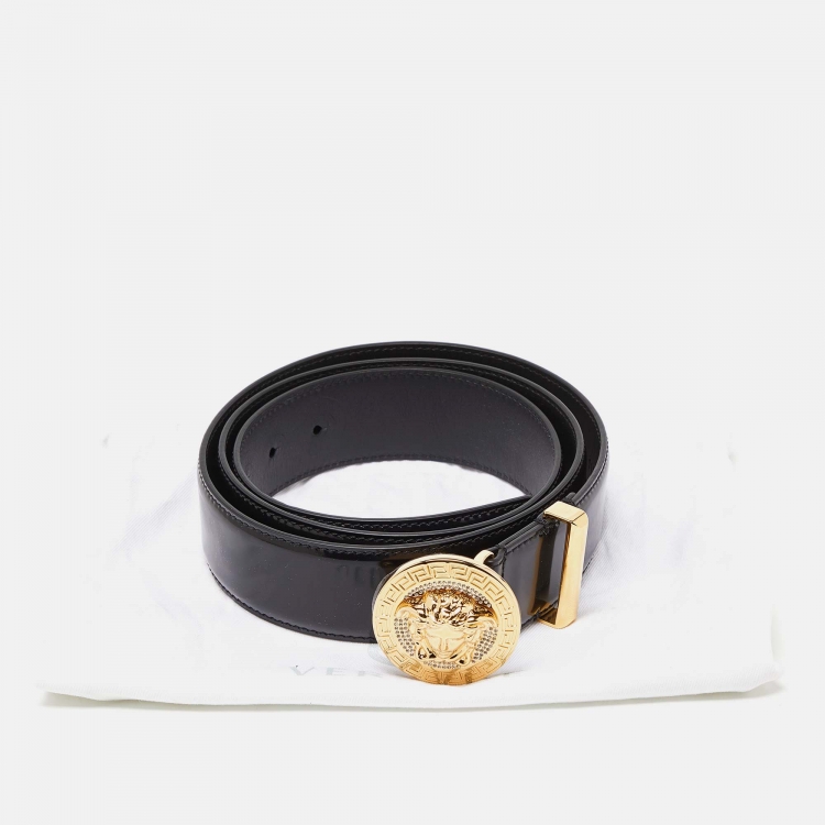 Pre Owned Versace Black Leather Patent Medussa Head Buckle Belt 115CM
