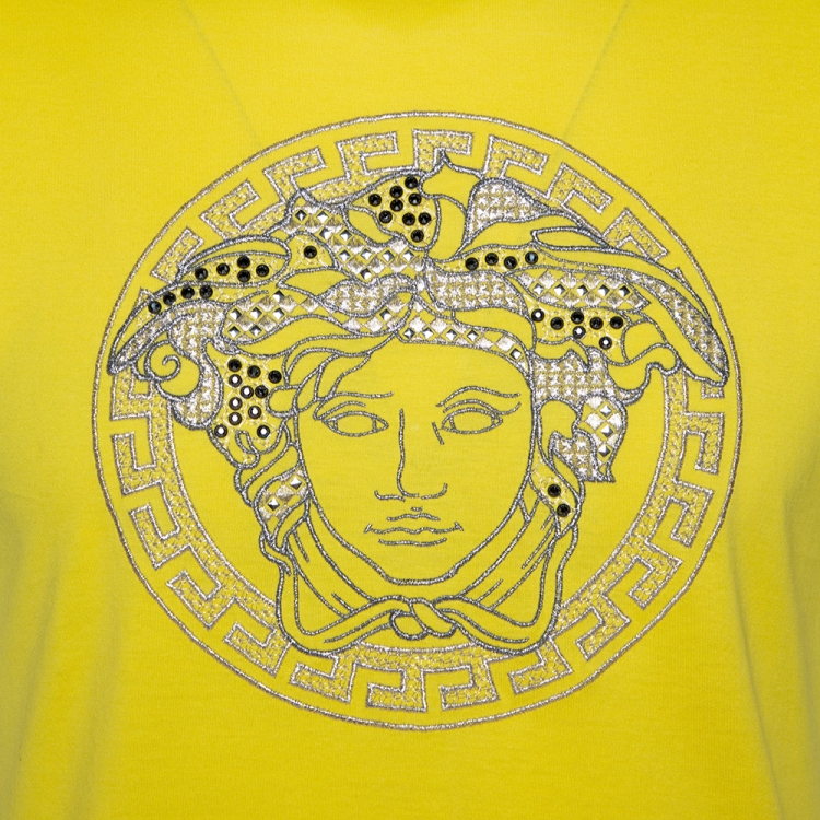 Pre Owned Versace Neon Yellow Cotton Jersey Embroidered Medusa Logo T-Shirt M