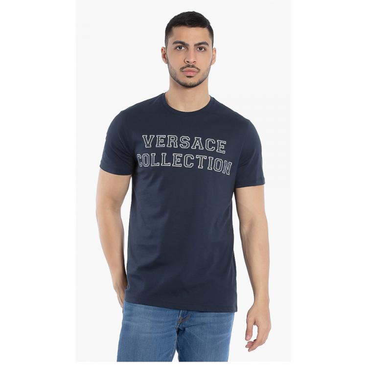 Pre Owned Versace Blue Logo Graphic Print T-Shirt XL