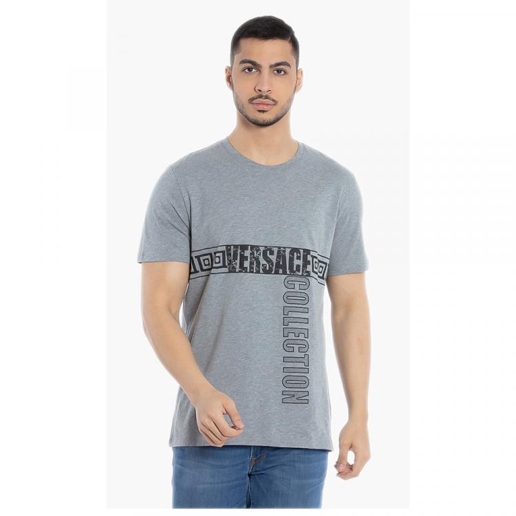 Pre Owned Versace Grey Logo Graphic Print T-Shirt XL