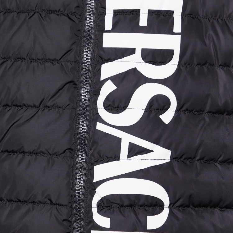 Pre Owned Versace Black Logo Print Down Quilted Zip Up Jacket XXL