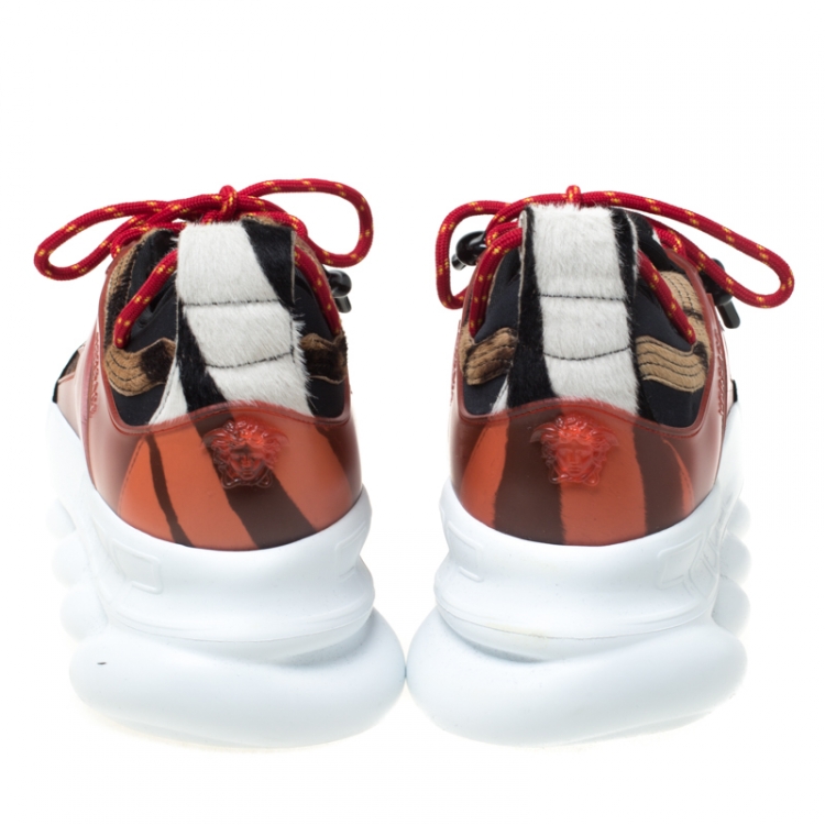 Pre Owned Versace Multicolour Leopard Print Calfhair and Rubber Chain Reaction Lace Up Sneakers Size 43