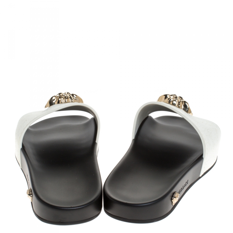 Pre Owned Versace White Baroque Rubber Medusa Head Slides Size 41
