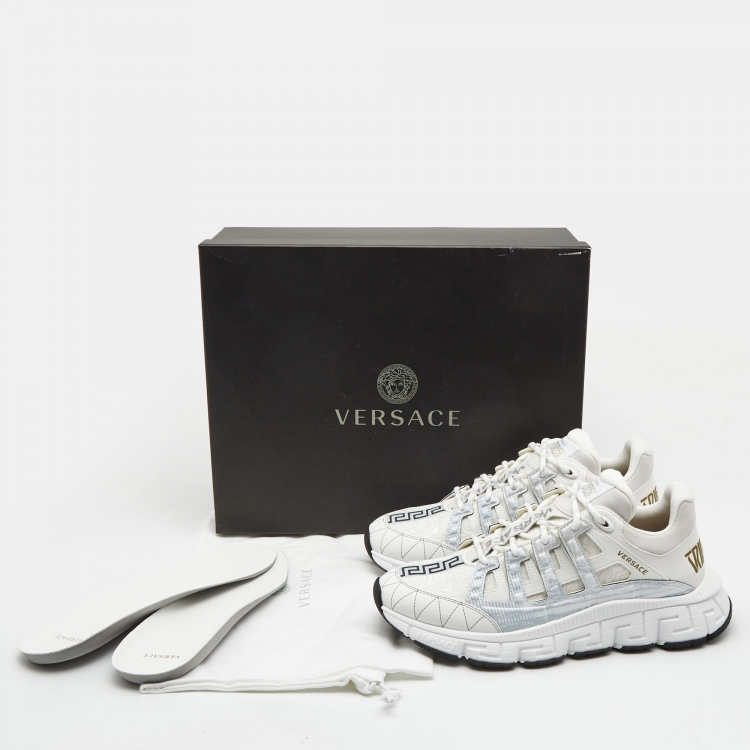 Pre Owned Versace White Leather and Fabric Trigreca Low Top Sneakers Size 43