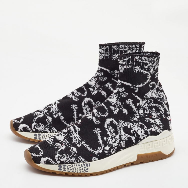 Pre Owned Versace Black/White Knit Fabric High Top Sneakers Size 43