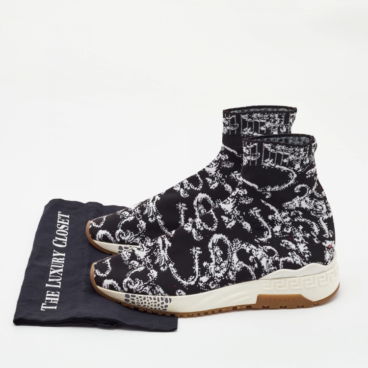 Pre Owned Versace Black/White Knit Fabric High Top Sneakers Size 43
