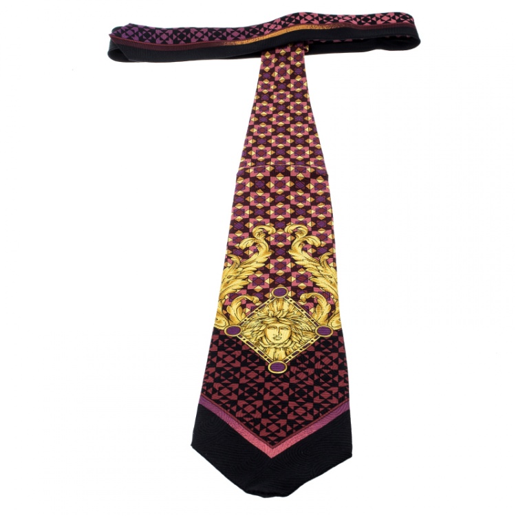 Pre Owned Gianni Versace Vintage Multicolor Geometric Pattern Medusa Print Silk Jacquard Tie