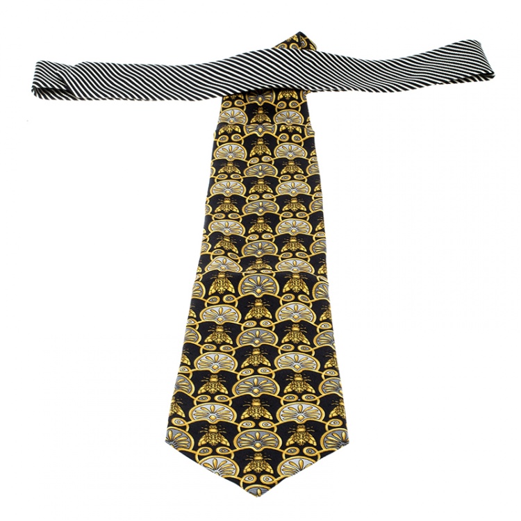 Pre Owned Gianni Versace Vintage Black Insect Print Silk jacquard Tie