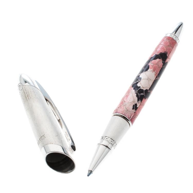 Pre Owned Versace Pink Embossed Silver Tone Rollerball Pen