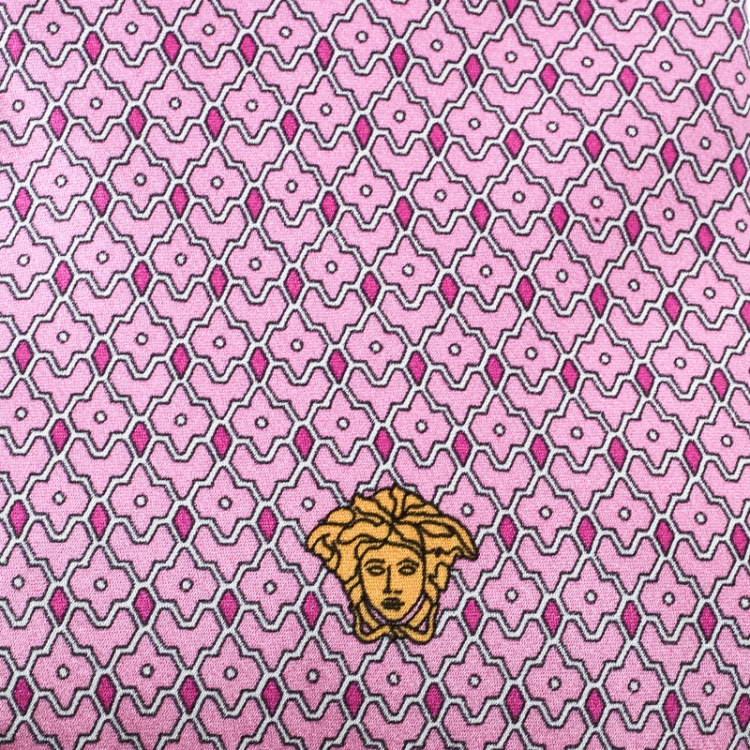 Pre Owned Versace Pink and Purple Floral Printed Silk Medusa Head Detail Traditional Tie